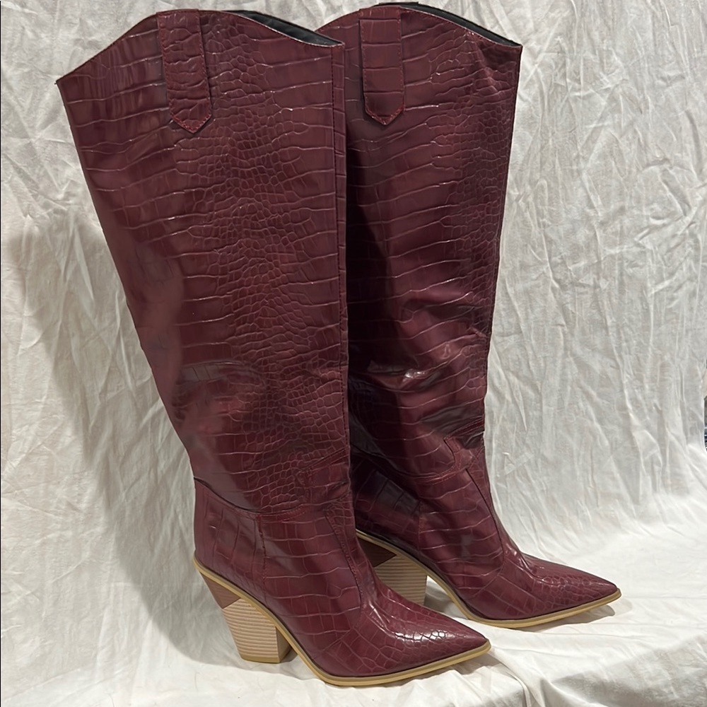 Fake Fendi Women's Burgundy Croc-Embossed Knee-High Boots